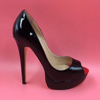 

Platforms High Heel Pumps Women Black Patent Leather Peep Toe Slip-on Stilettos OL Shoes Size 5 Women Nude Bottom Wedding Shoes