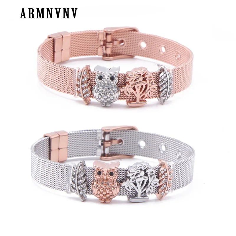 

ARMNVNV Bracelet Set Stainless Steel Mesh with 4pcs Slide Charms Hope Owl Life Tree Brushed Palm Leaf Set Keeper as Women Gift