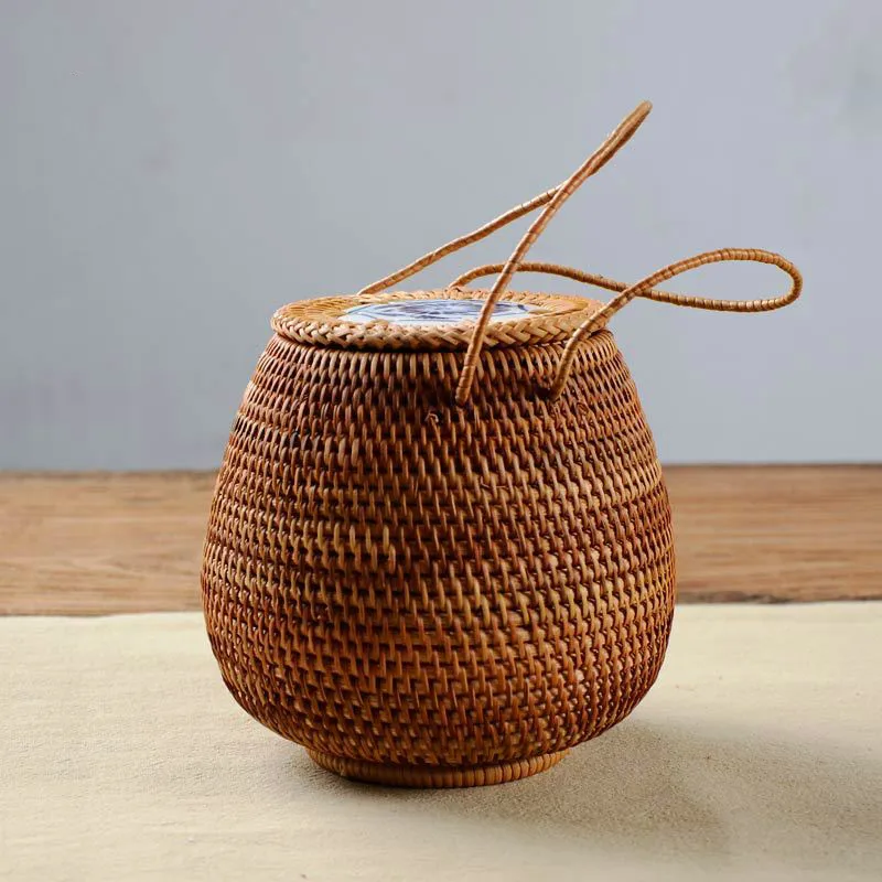 Pu er Tea basket Rattan storage box with lid square handicraft tea bucket tea handmade crafts