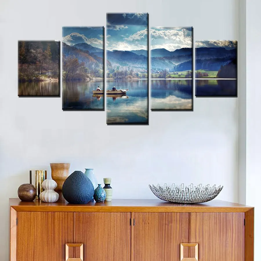 Pretty Lake Mountain Trees in Water Reflection Artwork Canvas Painting