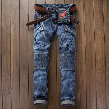 

Pockets Pleated Men Denim Jeans Spliced Slim Casual Male Full Length Bleached Cowboy Pants Skinny Stretch