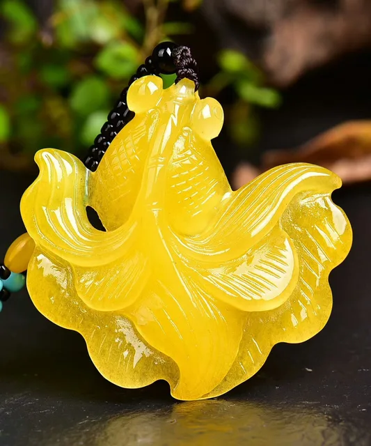 Natural yellow jade carving three dimensional Fish Pendant FREE rope
