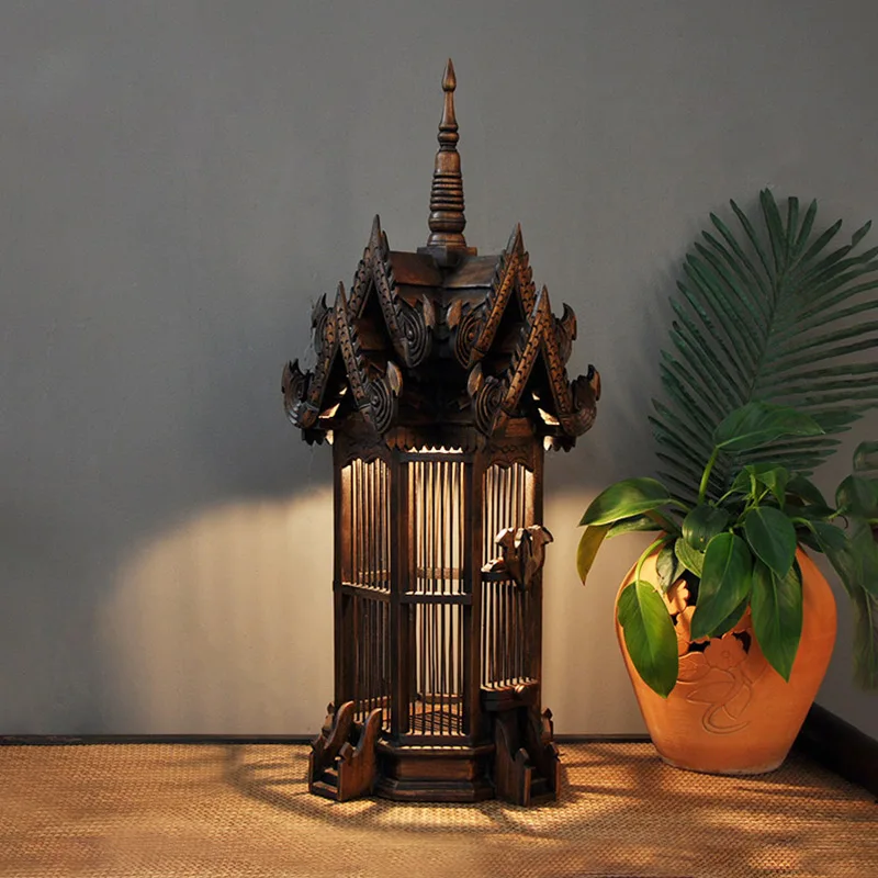 Southeast Asia table lamp solid wood creative personality birdcage table lamp antique lighting decoration