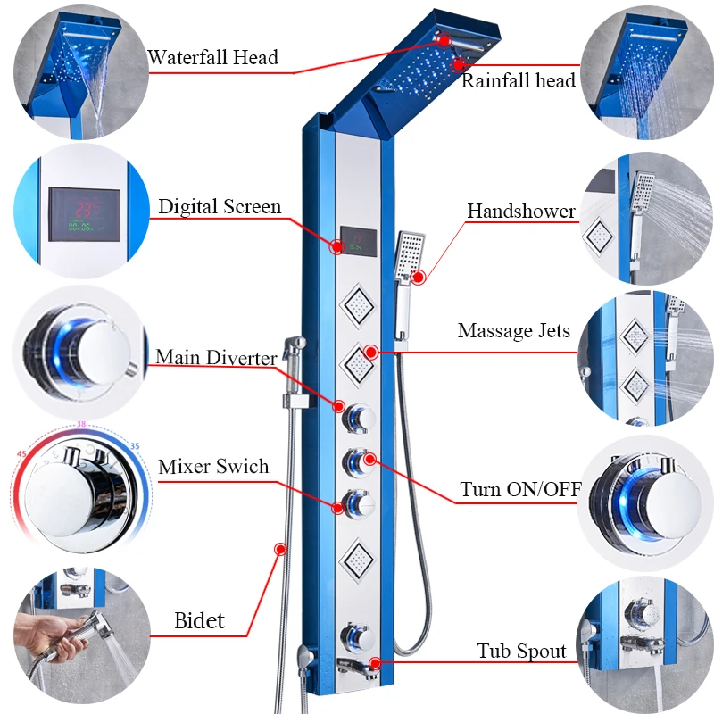 Роскошная душевая панель светодиодный светильник для ванной комнаты душевая колонка башня цифровой экран водопад Дождь душ смесители вращающийся массажные струи