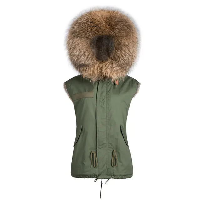 Cheap Faux rabbit fur brown Mr short jacket sleeveless with big raccoon collar fall coat