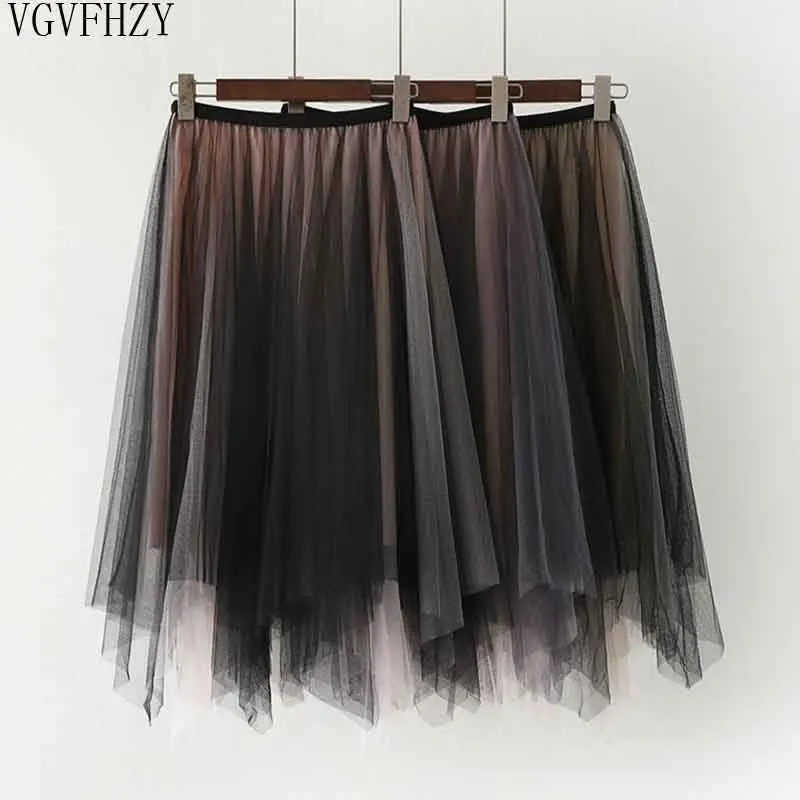 

2019 Autumn Winter Irregular Tulle Patchwork Pleated Long Skirt Double-side Wear Mesh Pleuche High Low A-line Long Skirts LY1348