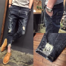 2017 Summer new arrival fashion teenage vintage retro finishing hole jeans skinny pants male