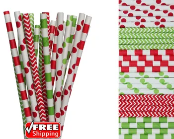 

150pcs Mixed 6 Designs Lime Green and Red Themed Paper Straws-Polka Dot,Sailor Striped,Chevron Christmas Holiday New Year Party