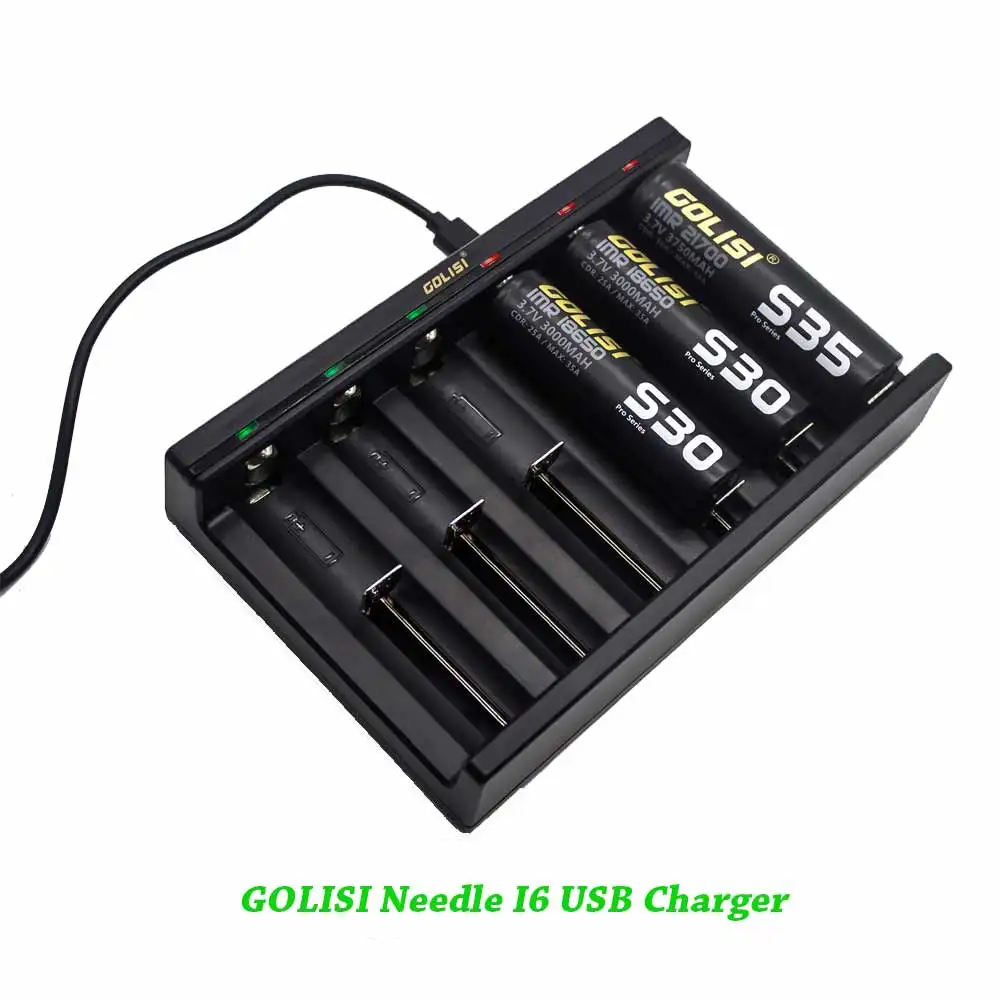 

GOLISI Needle I6 USB Chargers for 6 Slots Rechargeable Battery Charger With USB Charging for 18650 20700 21700 26650 18350
