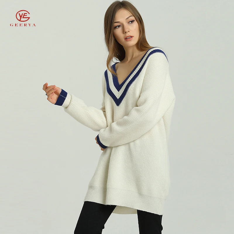 Geerya 2018 New Spring Winter Knitted Sweater Women Loose Style V-Neck Korean Crop Soft Cashmere | Женская одежда