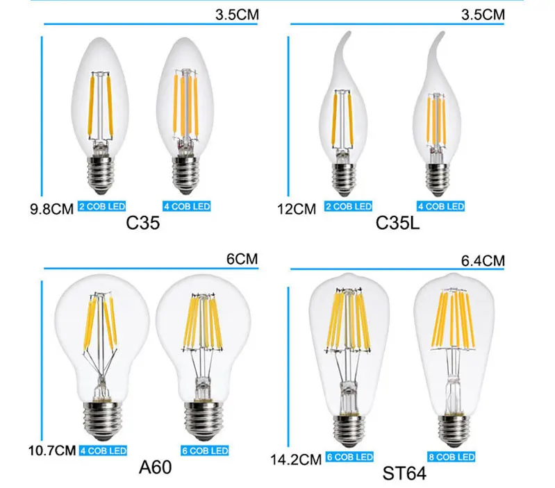 Ампулы Винтаж Светодиодная лампа Эдисона e27 e14 220V светодиодный подвесной светильник в стиле ретро 2w 4w 6w 8w СВЕТОДИОДНЫЙ нити светильник подвесные лампы Эдисона Bombillas