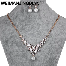 WEIMANJINGDIAN, элегантный цветочный дизайн, розовое золото, кубический цирконий и жемчужный корпус, свадебное ожерелье и серьги, ювелирный набор
