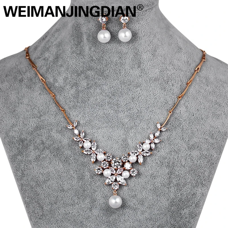 

WEIMANJINGDIAN Elegant Floral Design Rose Gold Color Cubic Zirconia and Shell Pearl Bridal Necklace and Earring Jewelry Set