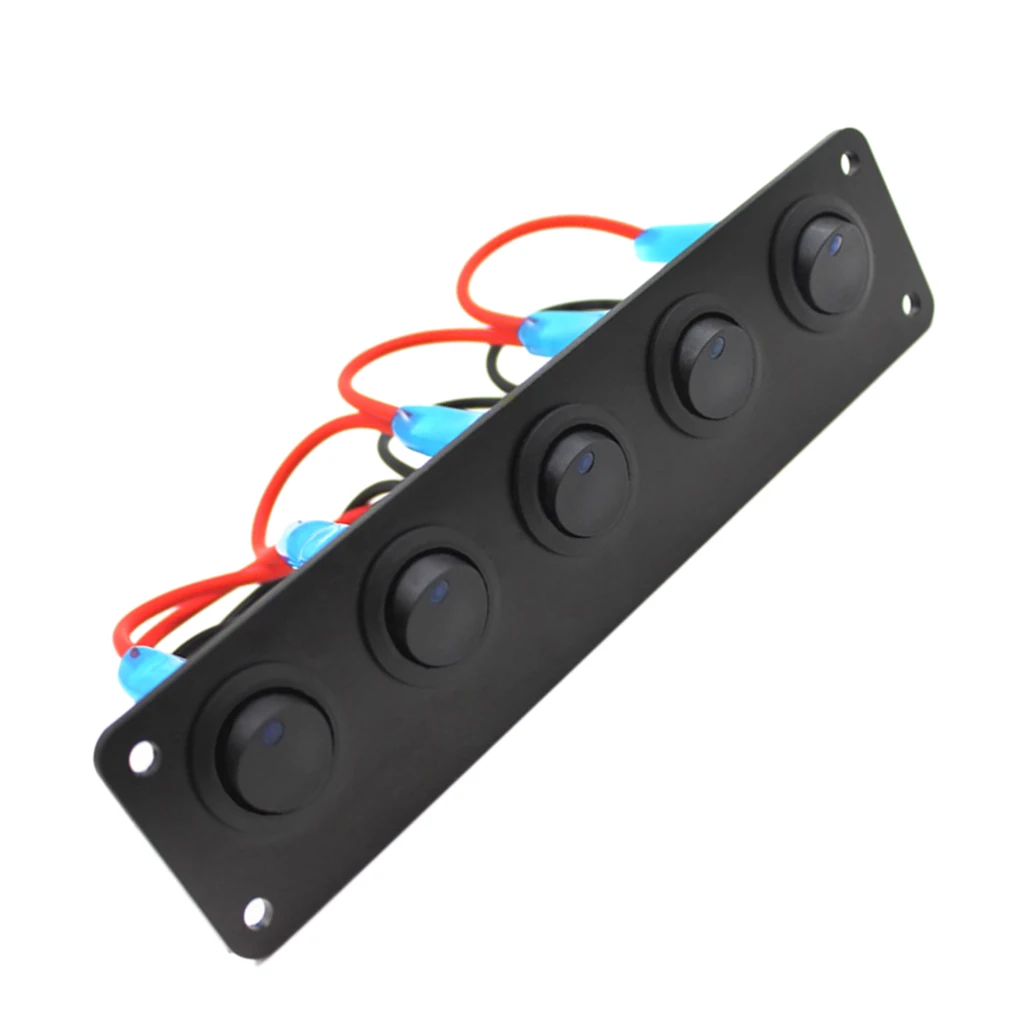  5 Gang ON-OFF Marine Ignition Toggle Rocker Switch Panel Waterproof For RV Car Boat Vehicles Truck Trailer Yacht (Blue LED)