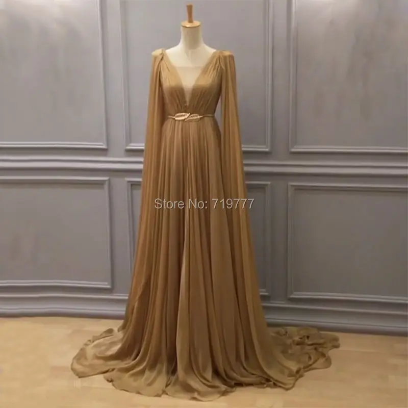 

Champagne Formal Evening Dresses Real Image V Neck Chiffon Pleated Party Dress 2017 Vestido Longo With Gold Belt Cheap Prom Gown