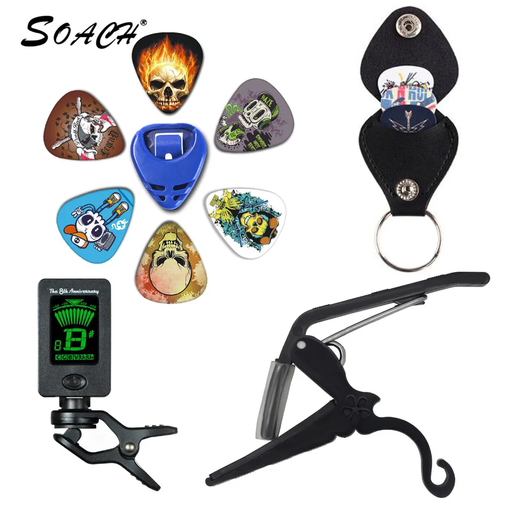 SOACH 2018 nuevo Kit de herramientas de gran valor sintonizador de Guitarra + Capo + soporte de Plectrum + llavero + 6 colores púas piezas de Guitarra Accesorios