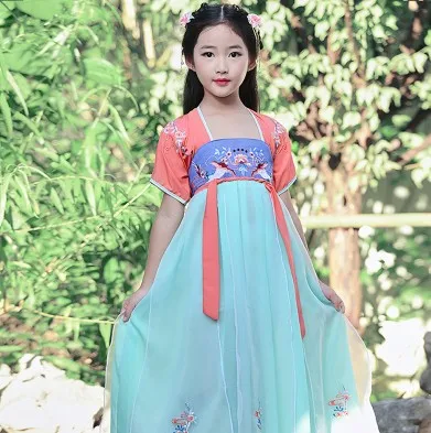 Китайский традиционный костюм Тан hanfu/платье для девочек; китайский национальный костюм; платье феи; Детский костюм Тан; Детский костюм для народных танцев - Цвет: B-Blue