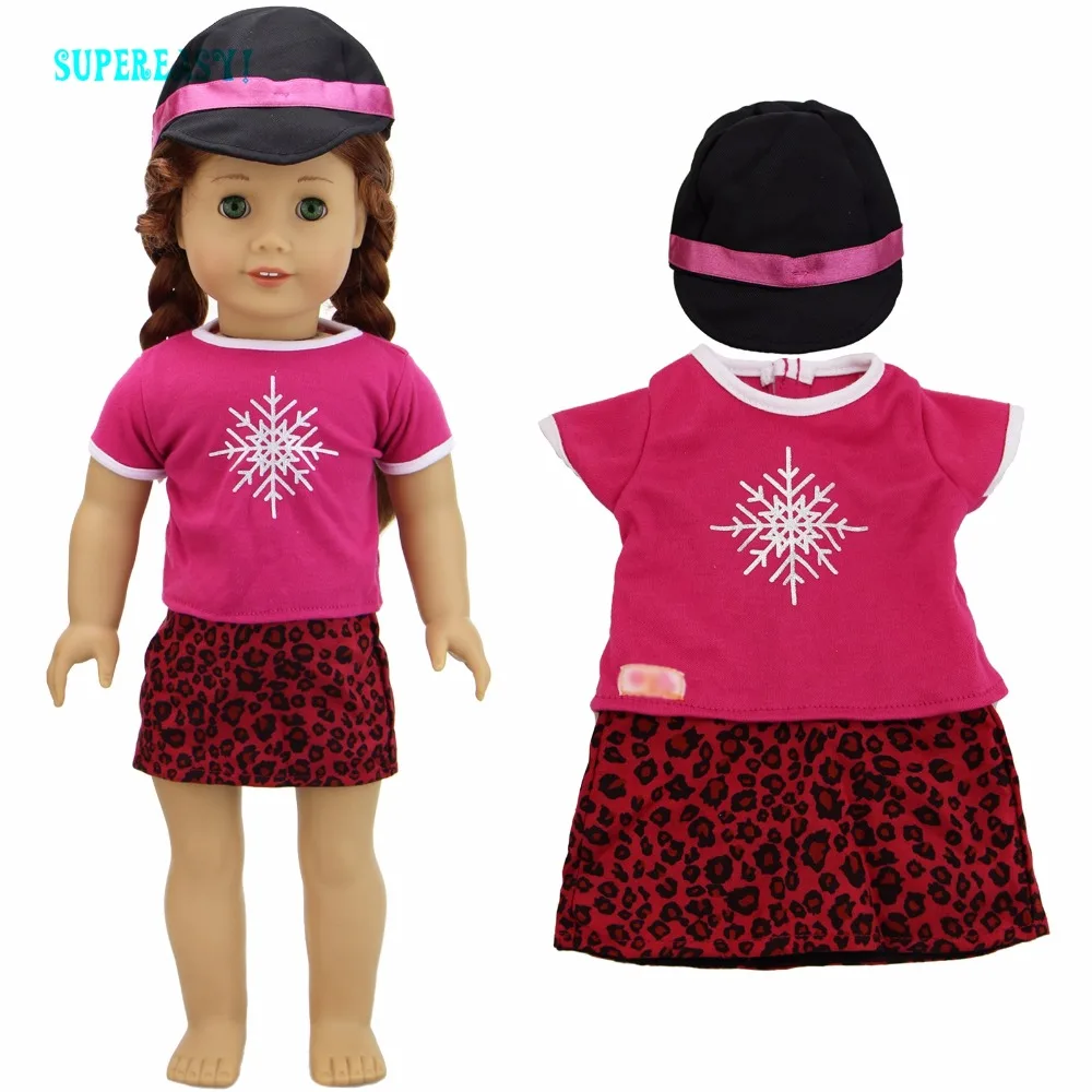 

Handmade Basic Shirt Pink Snowflake Blouse Leopard Mini Dress Skirt + Black Jockey Cap Clothes For American Girl Doll 18" Toys