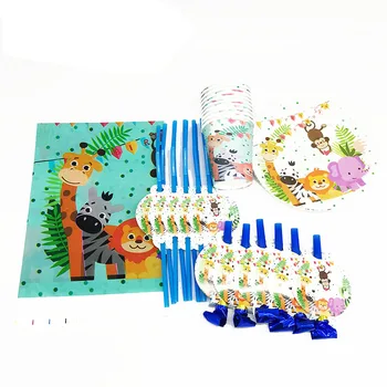 

73pcs/lot Safari Adventure plates cups straws Safari theme disposable tableware set Safari animals theme party decorations