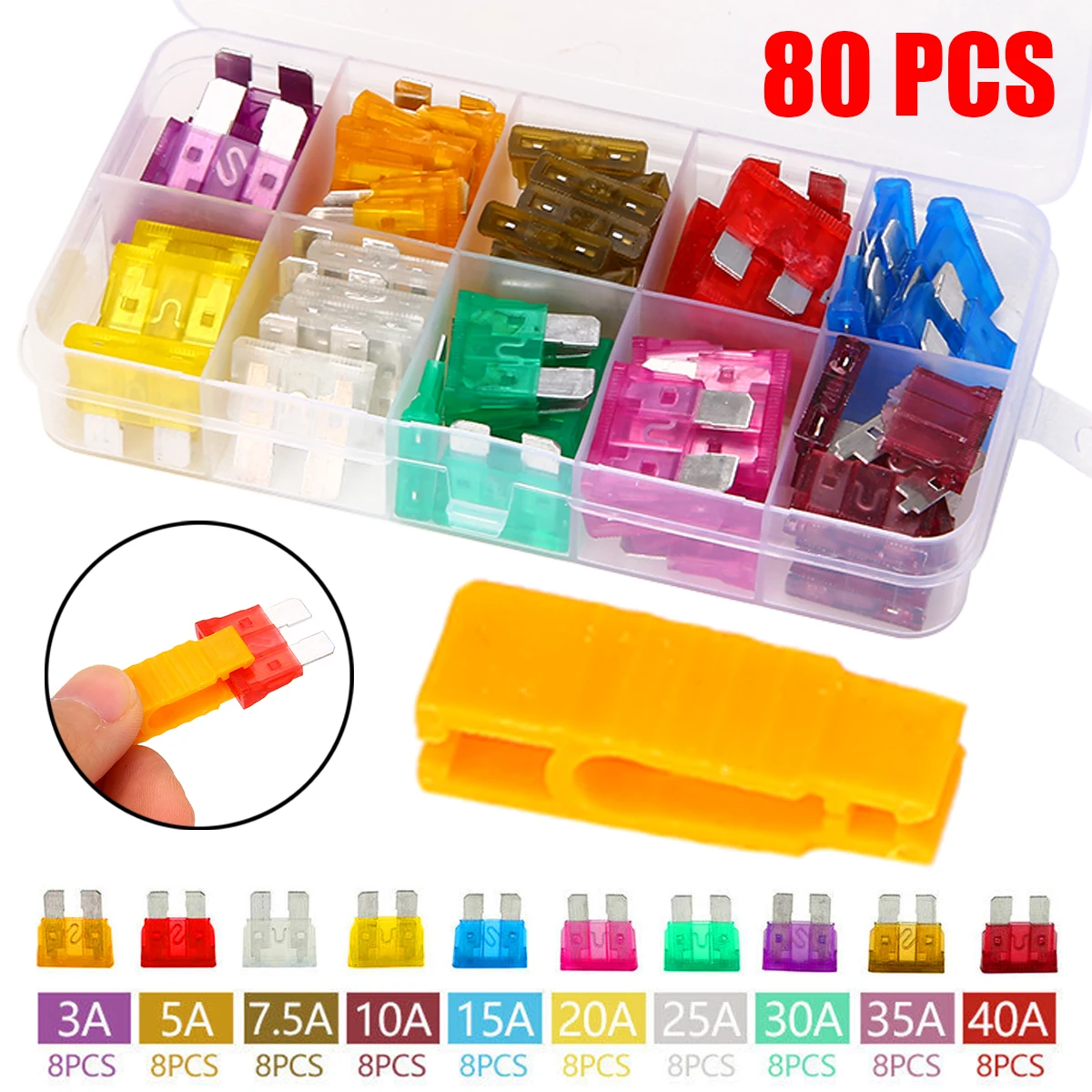 80pcs/kit 12V Standard Blade Car Fuses Fuse 3A~40A Assorted Set with 1pc Puller Fuses Assortment Kit