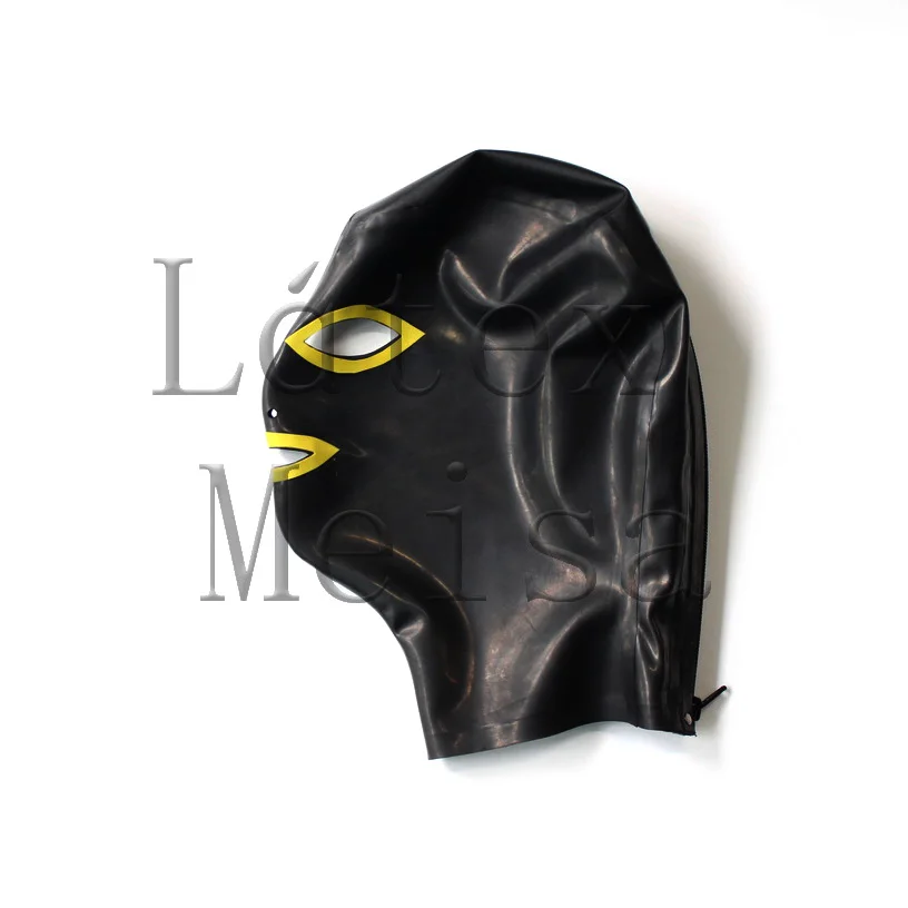 

Latex hoods adult's rubber masks open mouth eyes and nostrils in black color and yellow trims with back zip