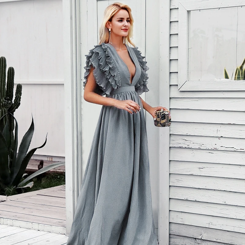 

2019 women's dress sexy V-neck ruffled short-sleeved dress
