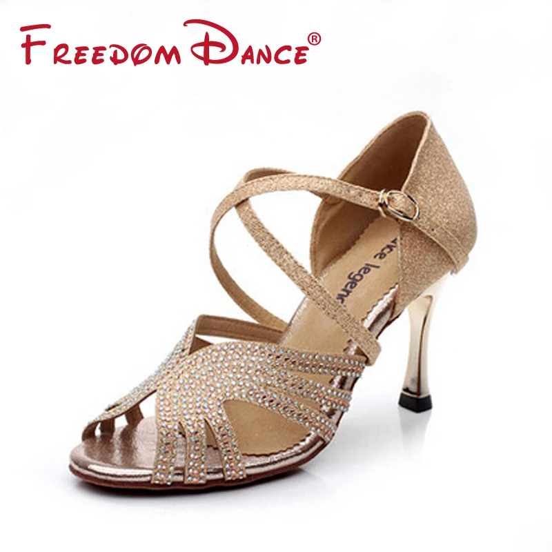  Bling Rhinestones Leather Fabric Women's Dancesport Shoe 3.45" High Heeled Latin Ballroom Tango Salsa Dance Shoe Lady Sandals 