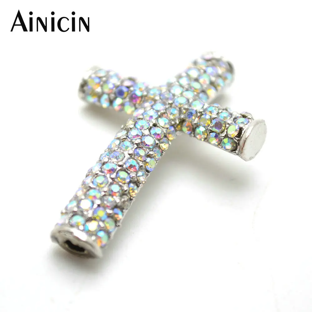 

20pcs High Quality Rainbow Color Rhinestone Setting 27x38mm Cross Shape Pendant Connectors For Bracelet Making Materials