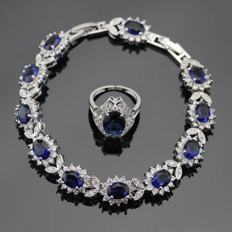 Серебряный Цвет Ювелирные наборы для женщин темно-синий кристалл белый кубический цирконий ожерелье кулон Браслеты Серьги Кольца коробка