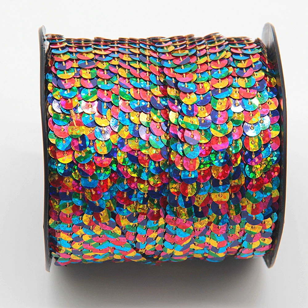 

6mm Laser Holographic Gradational Color Sequin Ribbon Trim Sewing Paillette String Flat Round Sequins Roll for Crafts 100Yards