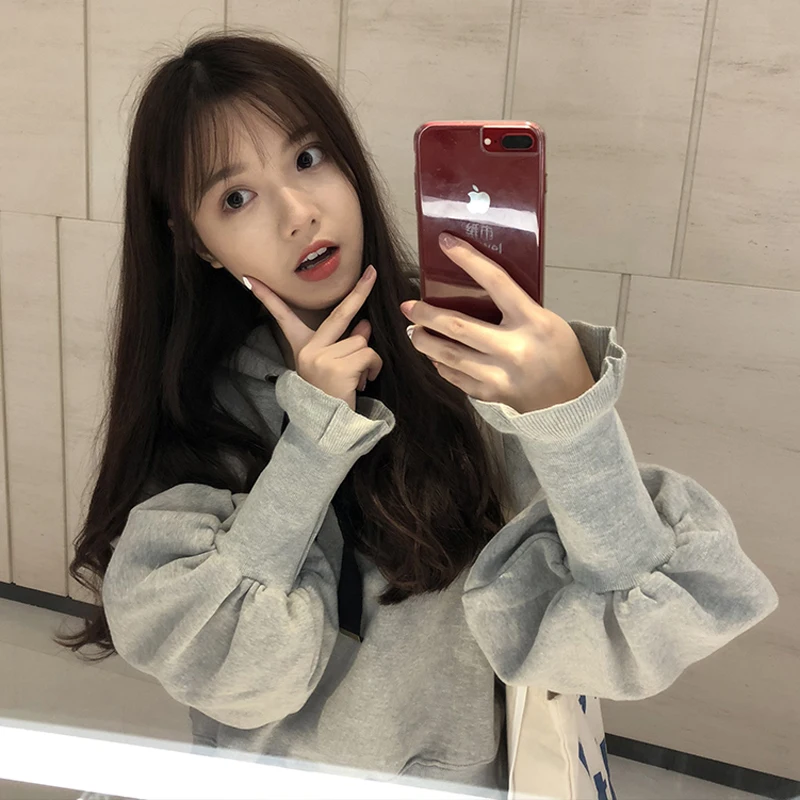 

2 Colors Mihoshop Ulzzang Korean Korea Women Fashion Clothing Cute Sweet Gray Bubble Sleeve Loose Lantern Hoodies