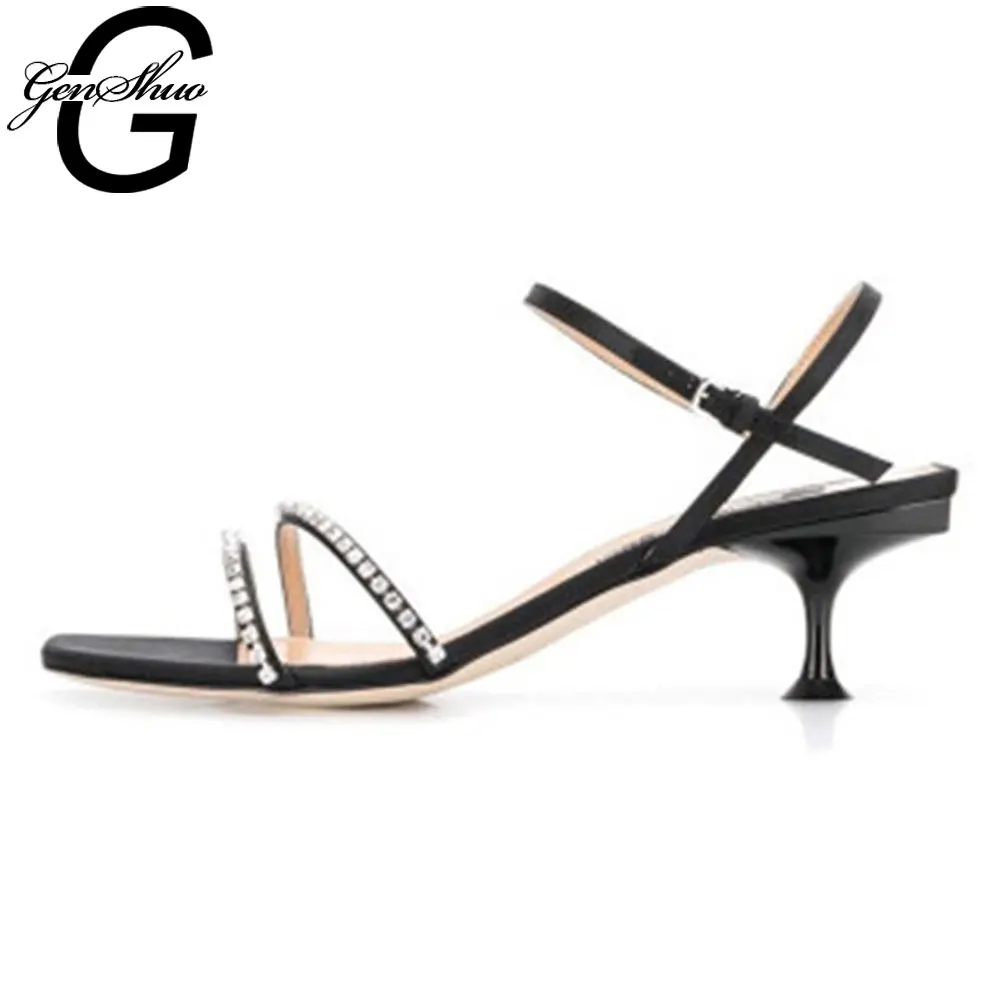 

GENSHUO Black High Heels Sandals For Summer Narrow Band High Heel Vintage Square Toe Heel Sandals Concise Ladies Shoes For Party
