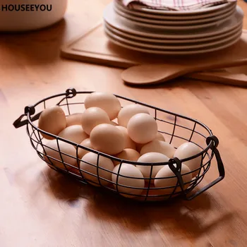

Retro Rustic Wire Net with Wood Bottom Kitchen Storage & Organization Fruit Egg Basket Multifuction Iron Craft Home Storage Tool