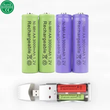 4 pcs/lot AA Batterie + smart USB chargeur 3000 mAh Rechargeable Batterie NI-MH 1.2 V 2A Baterias pour caméra jouets bateau libre