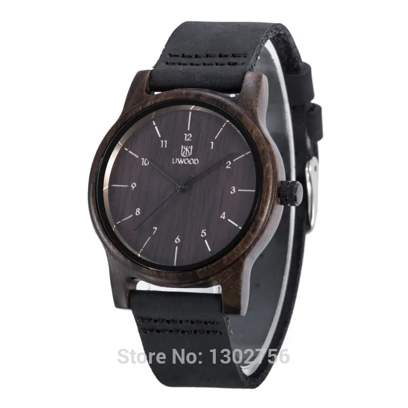 

UWOOD 100% Genuine Leather Analog Black Sandal Wood Watch MIYOTA Quartz Movement Wooden Watch For Men Women Lover Gift