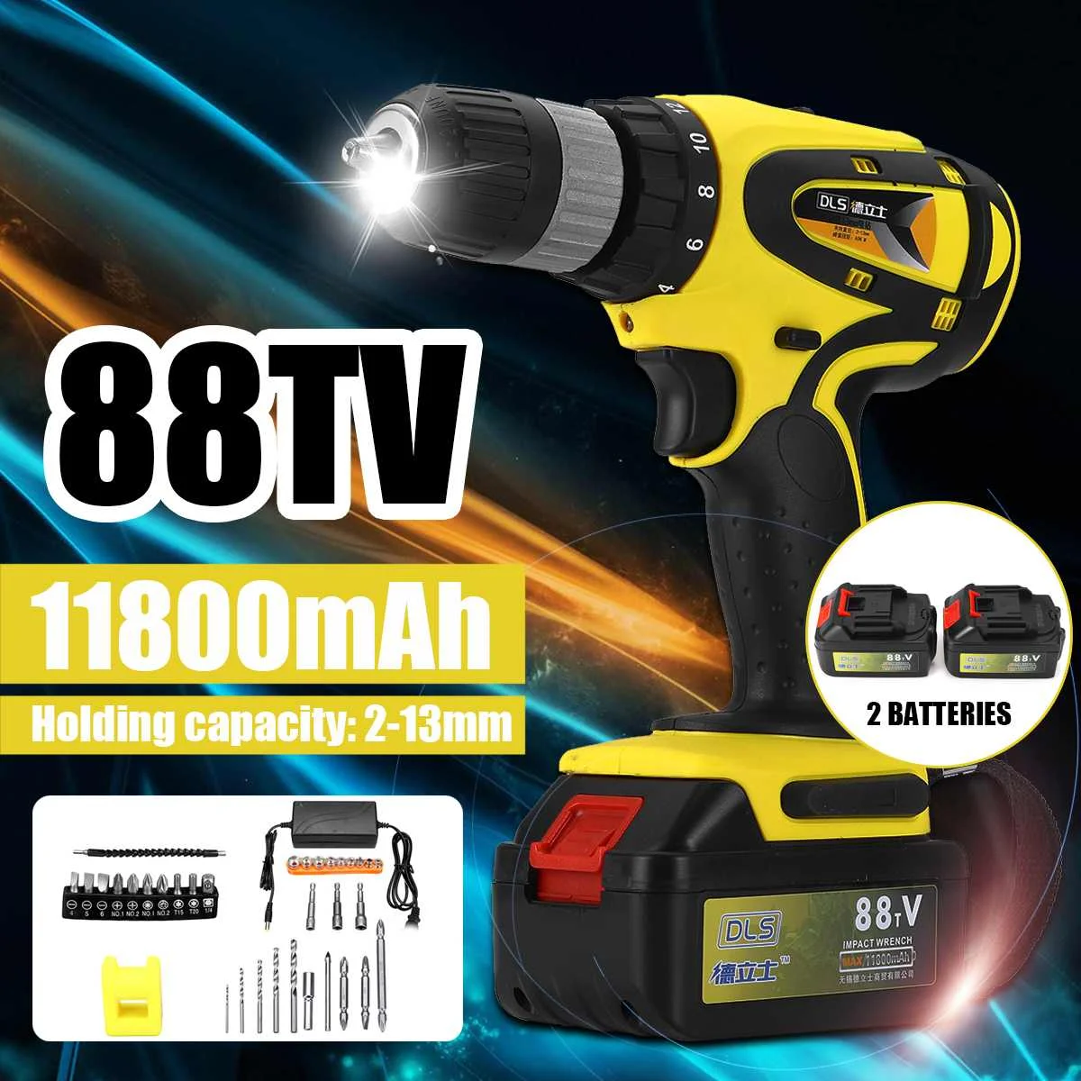 

Electric Drill Double Speed 2-13MM Cordless Screwdriver Power Driver 2X Li-ion Batteries Rechargeable W/ Drill Bits Accessories