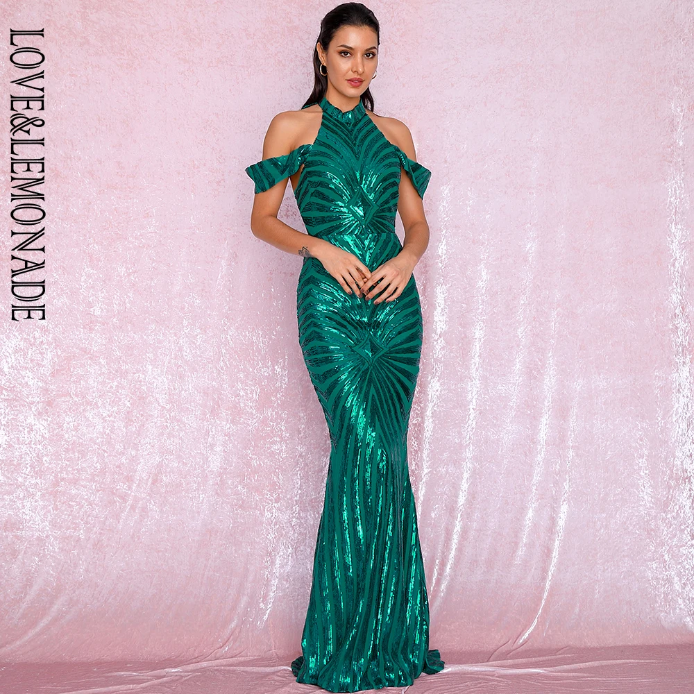 LIEFDE & LEMOANDE Groene Stand Kraag Open Back Drop Schouder Geometrische Sequin Bodycon Party Maxi Jurk LM81945 GROEN Herfst/ winter