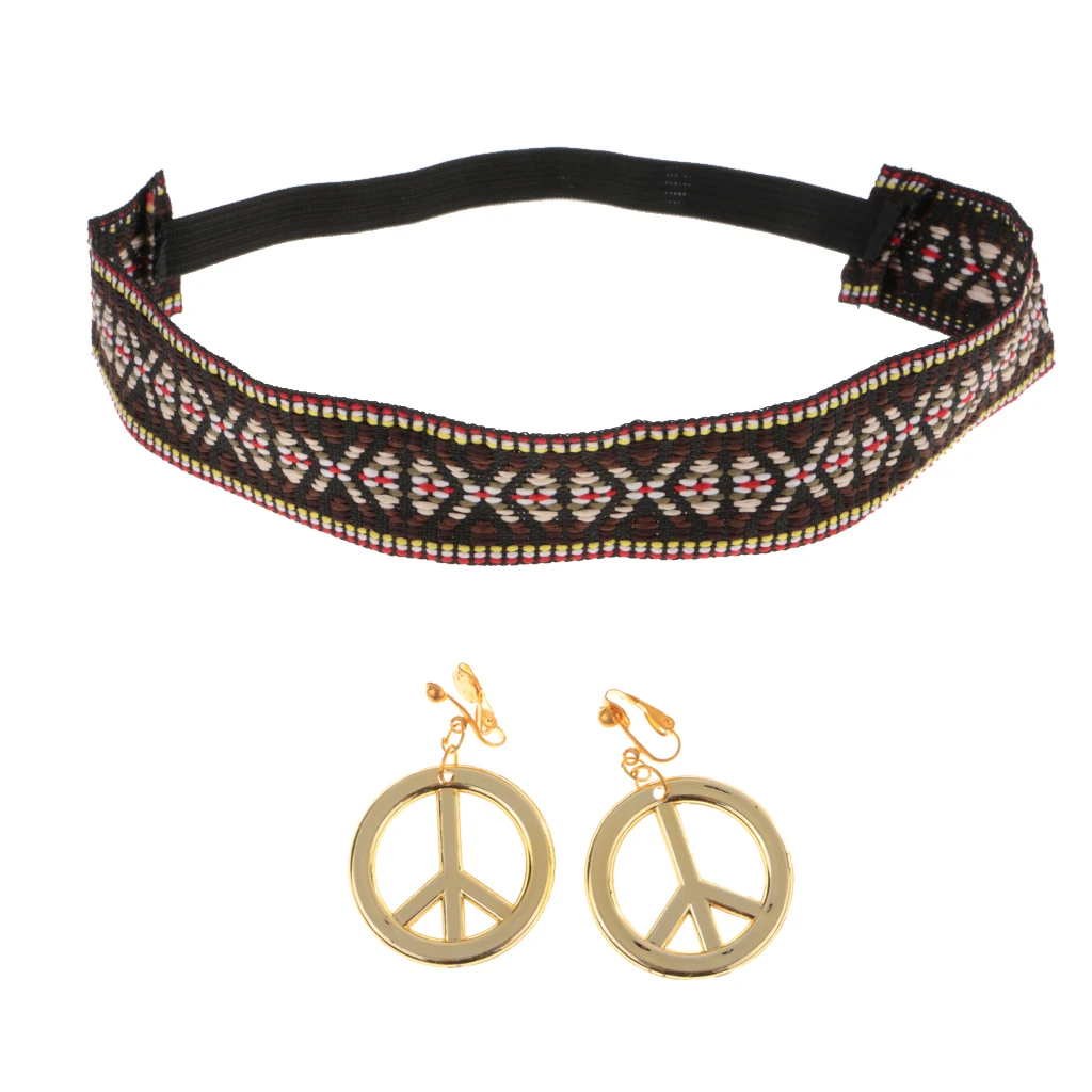 2 Packed Boho Hippie Embroidered Headband & Gold Peace Symbol Earrings Costume Accessories
