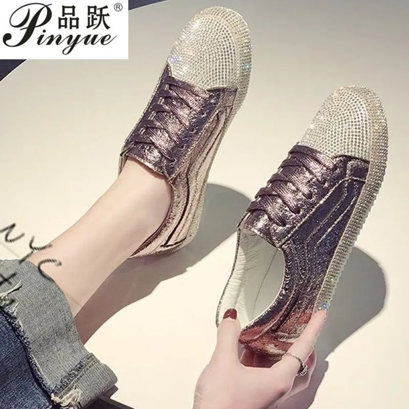 

Fashion Sneakers Women Flats Golden Silver Shoes Rhinestone Bling Casual Shoes Korean Luxury Creepers Superstar Shoes Streetwear