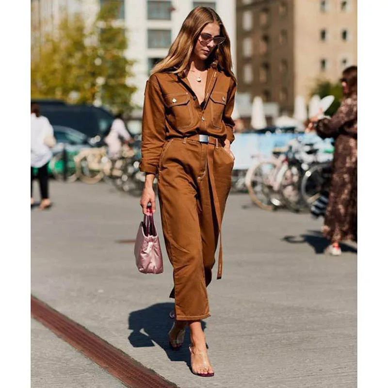 caramel colour Пикантные джинсовые комбинезон женщин новые осенние личность Джинсы плотные пояса сиамские комбинезон для женщин с длинным рукавом - Цвет: caramel colour