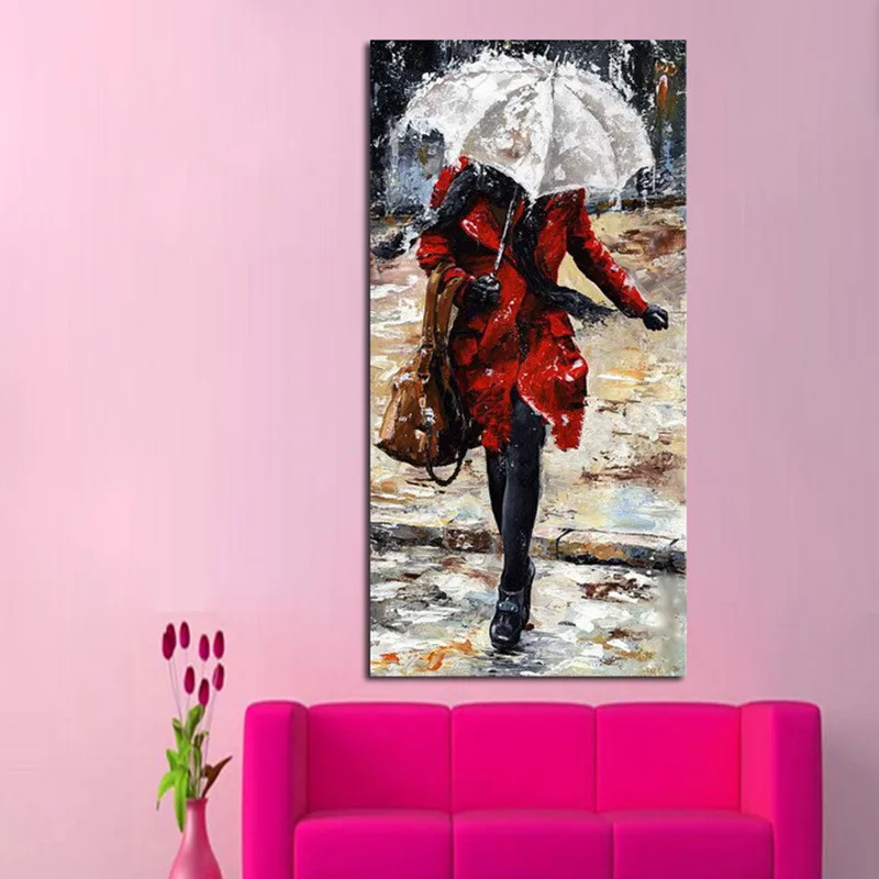 

Handmade Home Decor Wall Art Pictures Modern Rainy Streetscape Canvas Painting Hand Painted Abstract Walking People Paintings