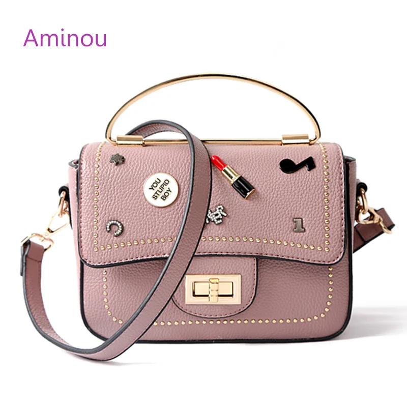 

AMINOU Small Shoulder Bags Women Handbags Fashion Design Ladies Lock Beading Messenger Bag Lover Letter Appliques Lipstick