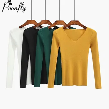 

PEONFLY Brand autumn V-Neck Sweaters Tops Women Clothes Pullovers Female Jumper Knitted Streetwear balck yellow