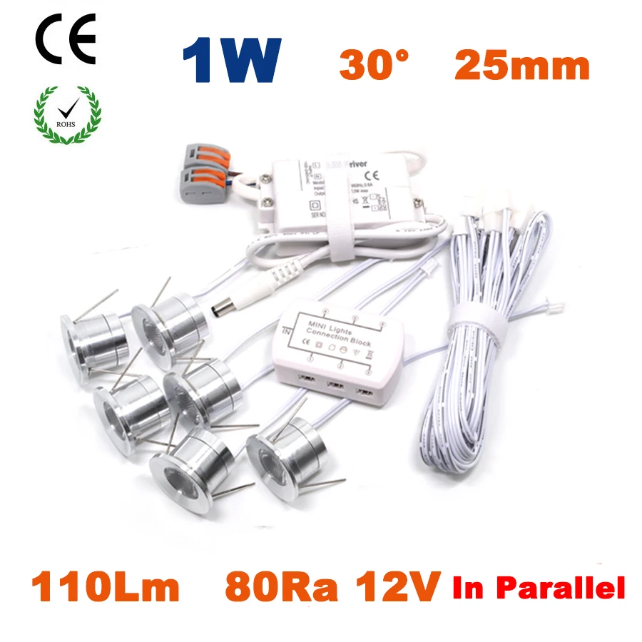 6pcs-1W-12V-DC-Mini-Led-Spot-Downlight-With-Transformer-and-Cables-25mm-80Ra-110Lm-Cabinet