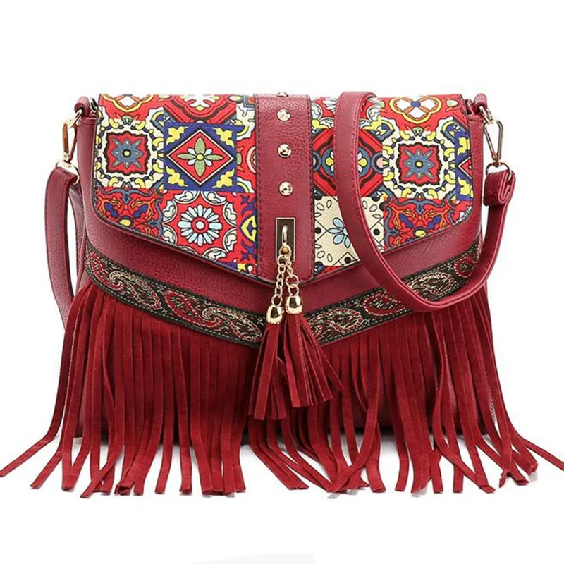 

Chinese Vintage Red Ethnic Style Shoulder Crossbody Bag with Tassels Geometric Color Contrast Fashion Women PU Messenger Bag