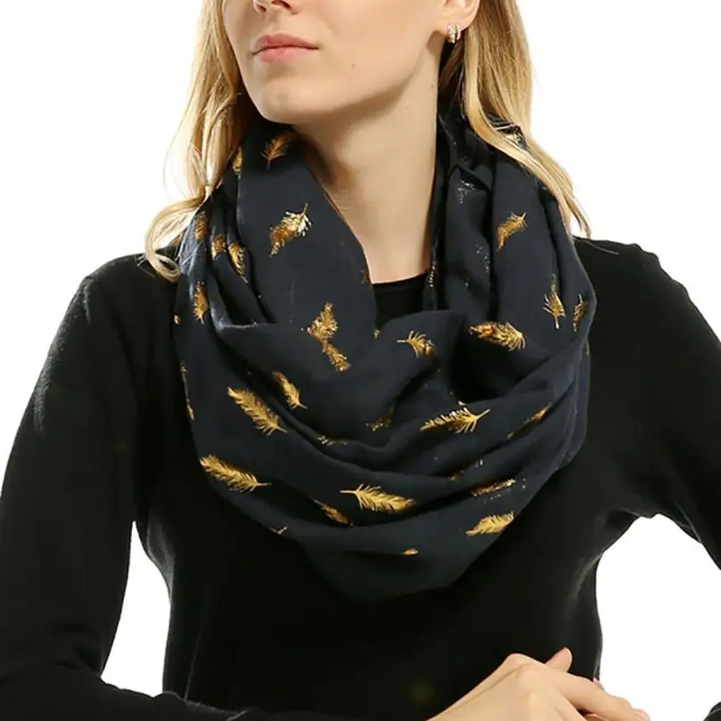 Женский мягкий позолоченный шарф с принтом перьев, бронзовый воротник, теплый модный шарф для девочек, кожные шейки, женский шарф - Цвет: Navy