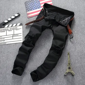 

Black/White Mens Ripped Street Jeans Pencill Pants Large Size Skinny Stretchy Male Casual Jeans Hole Trousers Jeans Hombre D465