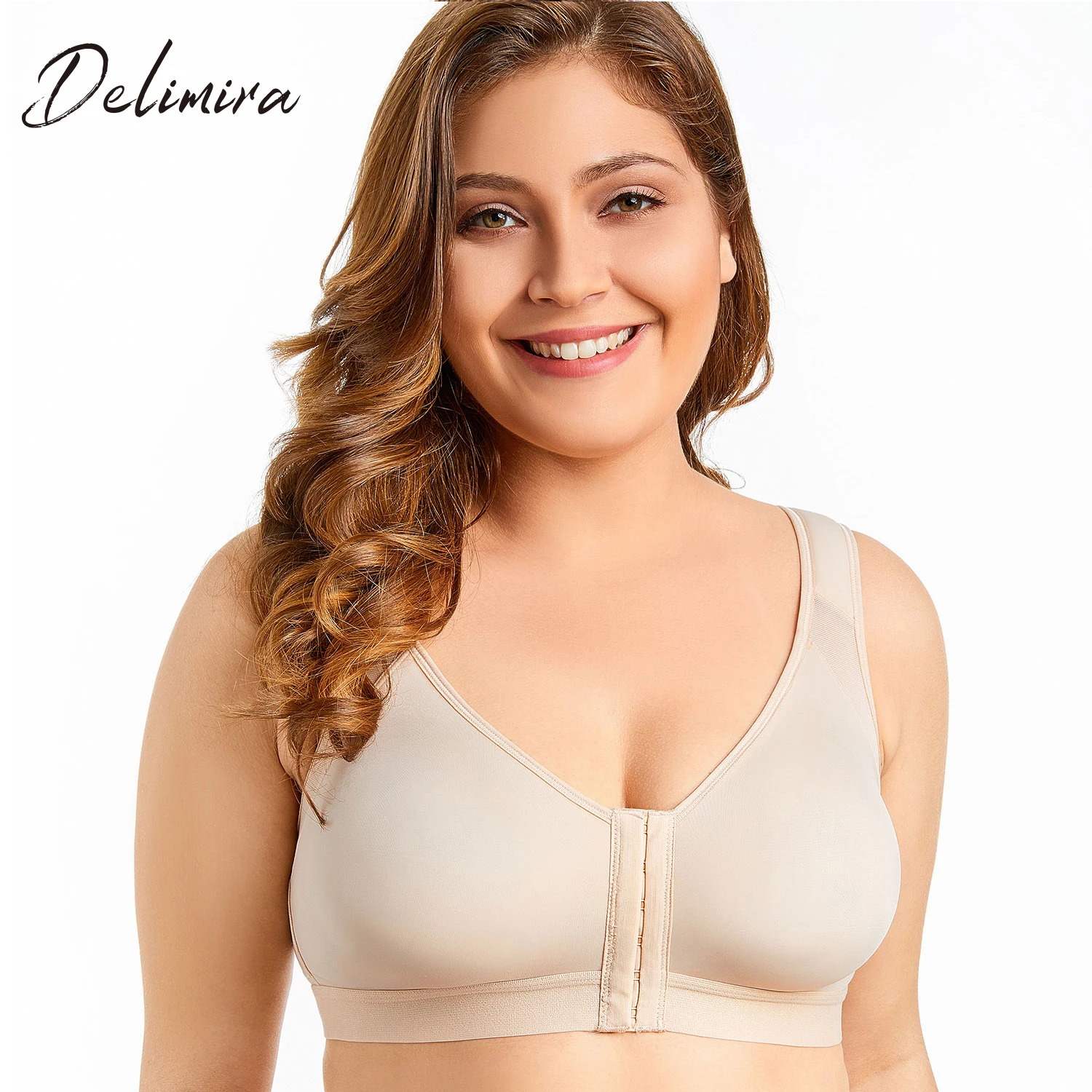  Delimira Women's Front Closure Full Coverage Wire Free Back Support Bra