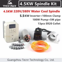 4.5KW Spindle Kit 4.5KW 220V 380V 100MM CNC Water Cooled Spindle Motor + VFD+100MM clamp+100W water pump/pipe+13pcs ER20 colllet