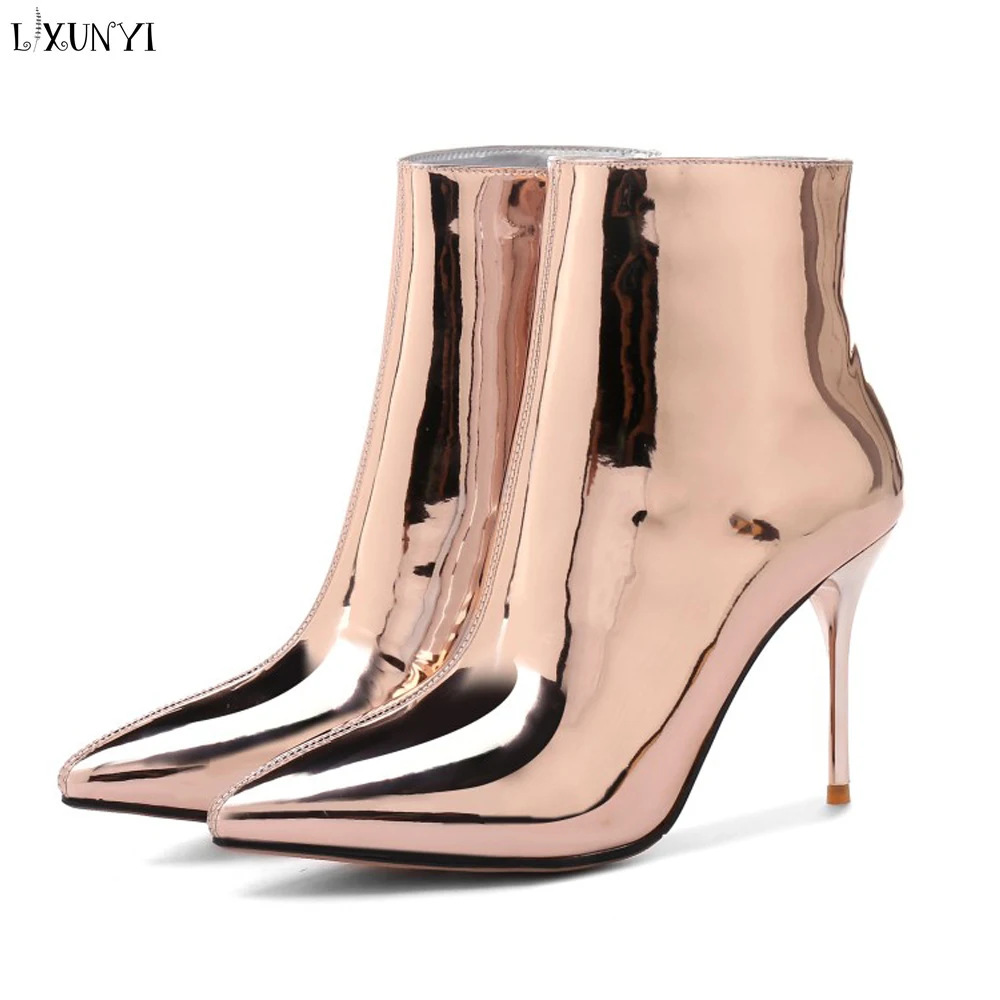 

LXUNYI 2018 New Women's Patent Leather Boots Big Size Gold Silver Pointed Toe Vintage Ankle Boots Female Thin High Heel Boots 43